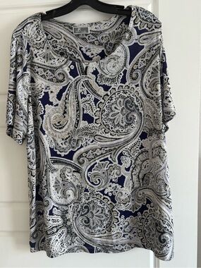 JM Collection  Purple and White Paisley Short Sleeve Blouse